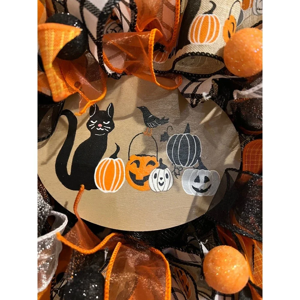 13 inch Halloween Ribbon Wreath Black Cat MW7